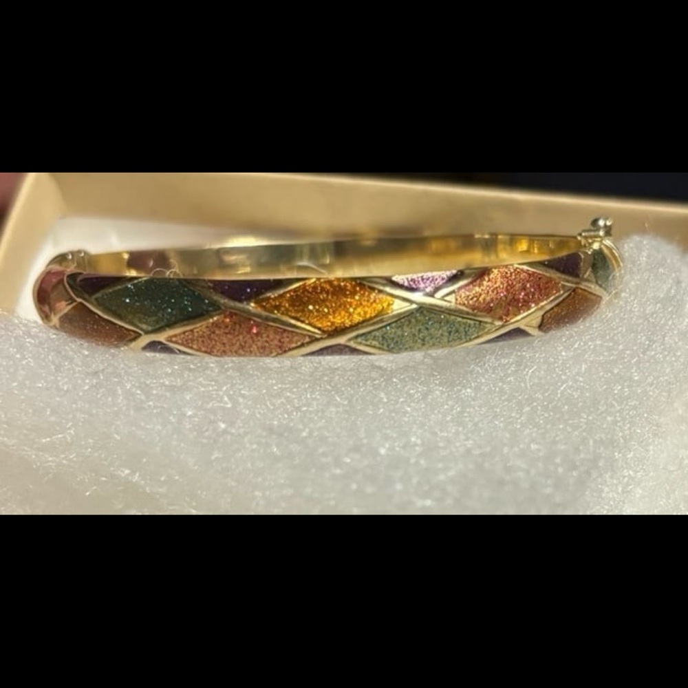 14k gold checkered enamel bangle bracelet - Picture 7 of 10